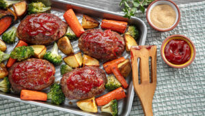 sheet pan mini meatloaves and vegetables